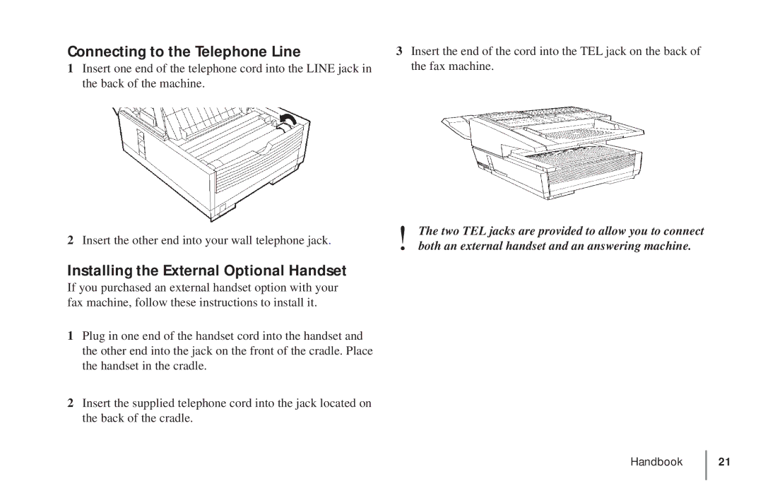 Oki 5900 manual Connecting to the Telephone Line, Installing the External Optional Handset 