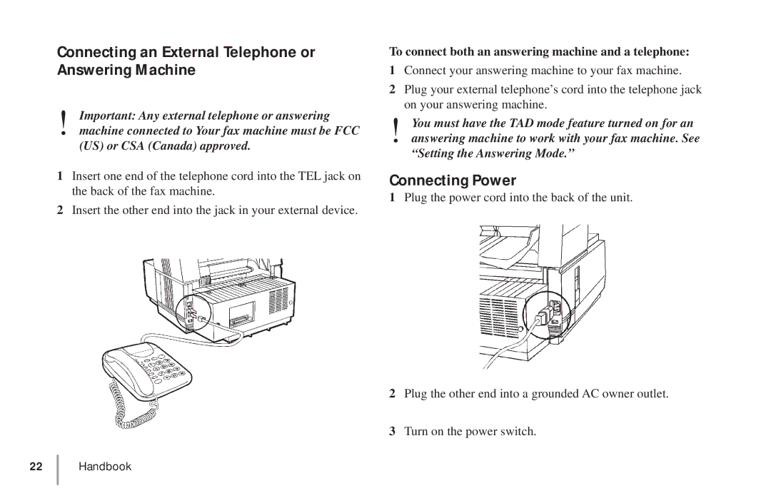 Oki 5900 manual Connecting an External Telephone or Answering Machine, Connecting Power 