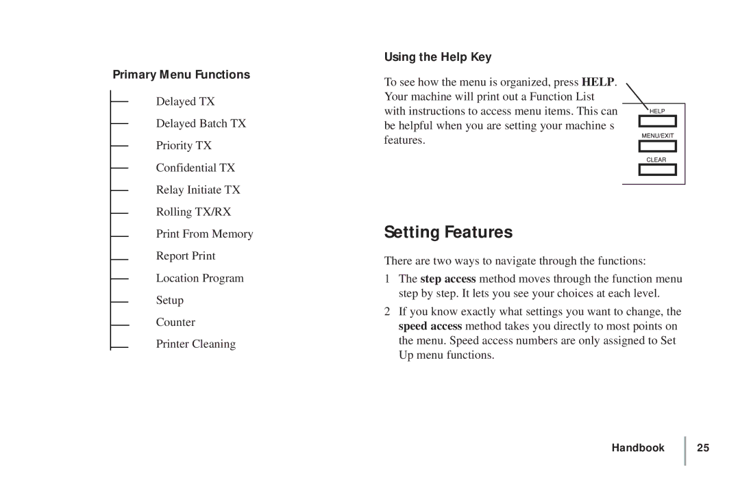 Oki 5900 manual Setting Features, Primary Menu Functions, Using the Help Key 