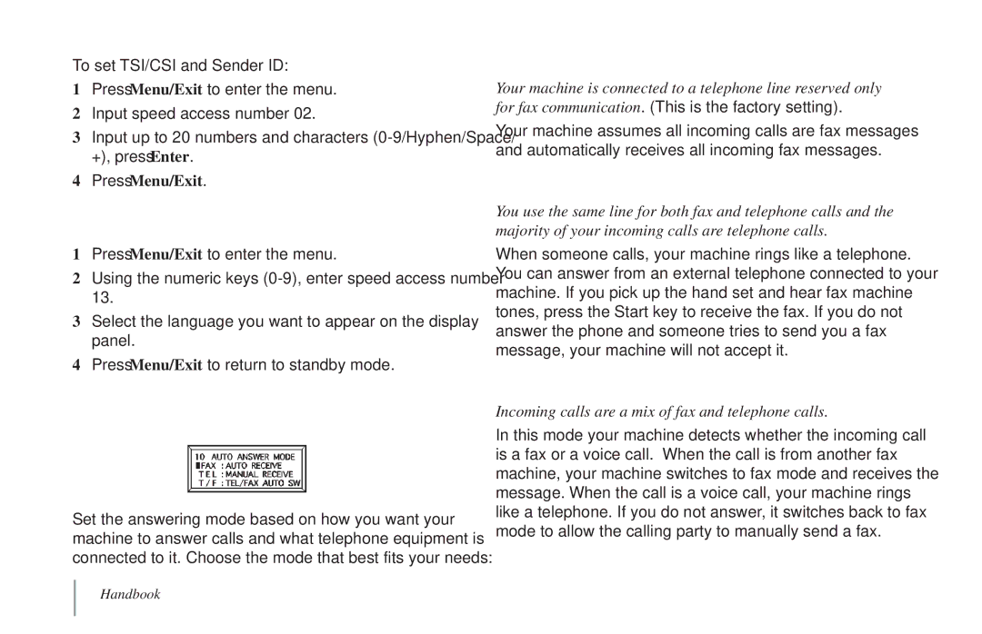 Oki 5900 manual Setting the Language, Setting the Answering Mode, Auto Receive Mode FAX, Manual Receive Mode TEL 