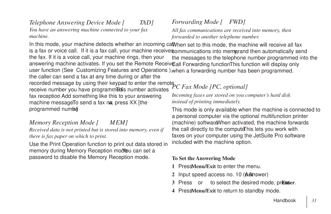 Oki 5900 Telephone Answering Device Mode TAD, Memory Reception Mode MEM, Forwarding Mode FWD, PC Fax Mode PC, optional 