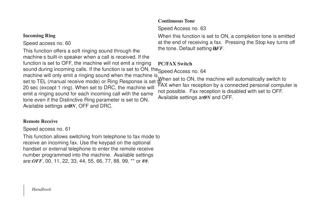 Oki 5900 manual Incoming Call Parameters, Incoming Ring, Remote Receive, Continuous Tone, PC/FAX Switch 