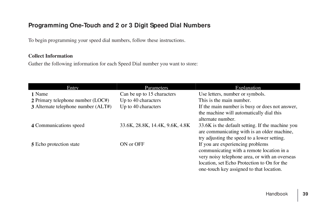 Oki 5900 manual Programming One-Touch and 2 or 3 Digit Speed Dial Numbers, Collect Information 