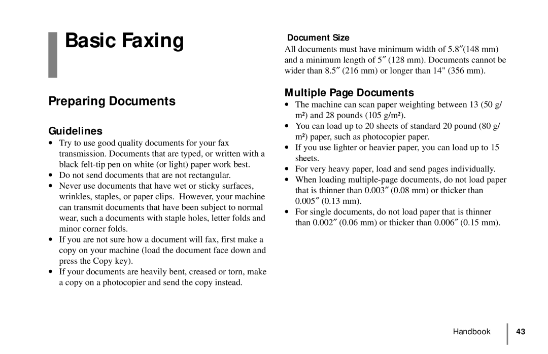 Oki 5900 manual Basic Faxing, Preparing Documents, Guidelines, Multiple Page Documents, Document Size 