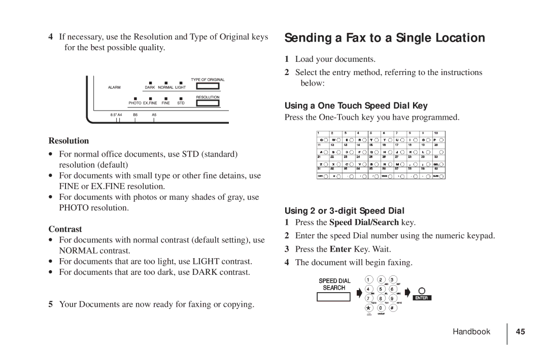 Oki 5900 Sending a Fax to a Single Location, Using a One Touch Speed Dial Key, Resolution, Using 2 or 3-digit Speed Dial 