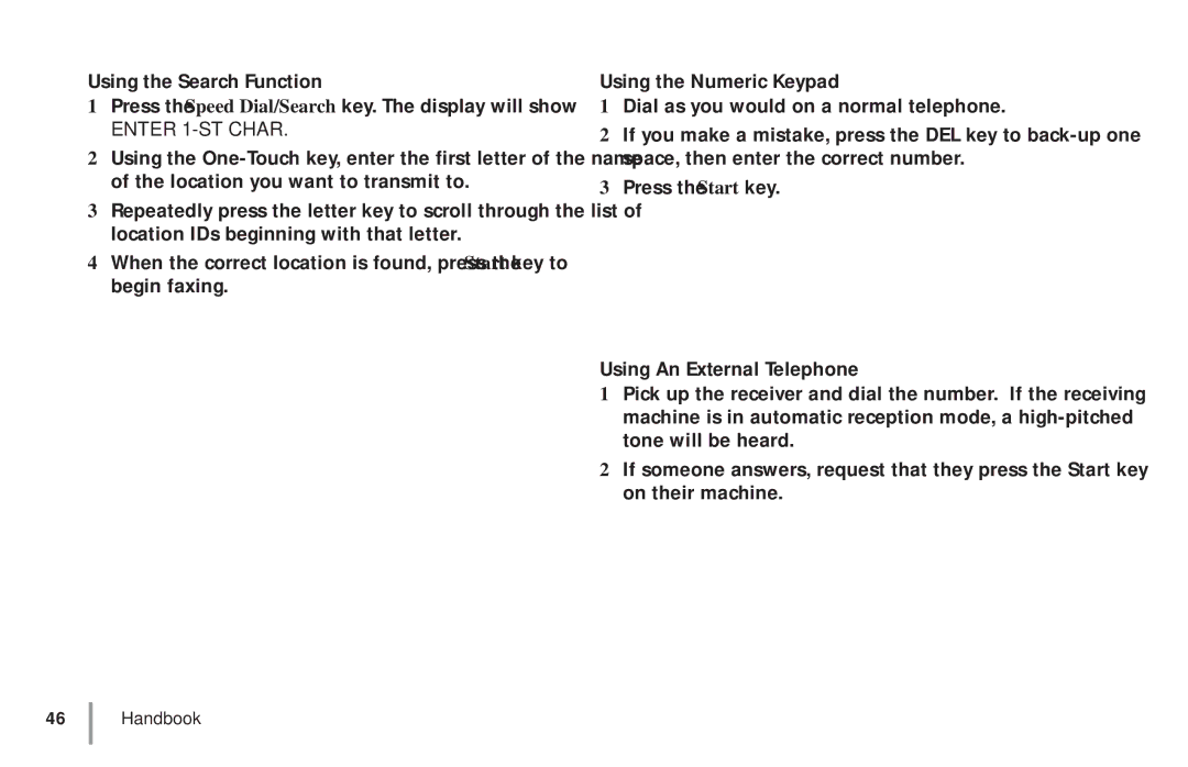 Oki 5900 manual Using the Search Function, Using the Numeric Keypad, Using An External Telephone 