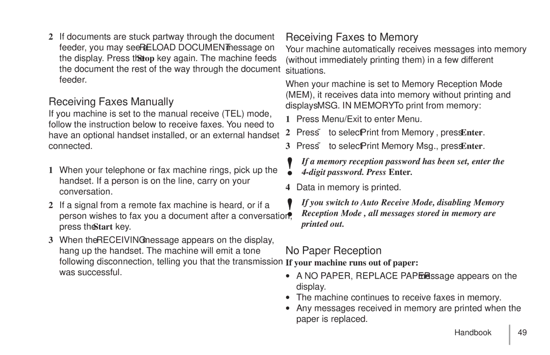 Oki 5900 manual Receiving Faxes Manually, Receiving Faxes to Memory, No Paper Reception, If your machine runs out of paper 