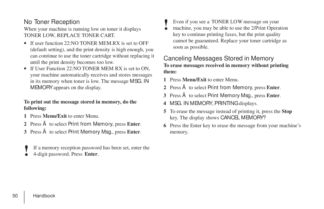 Oki 5900 manual No Toner Reception, Canceling Messages Stored in Memory, MSG. in MEMORY, Printing displays 