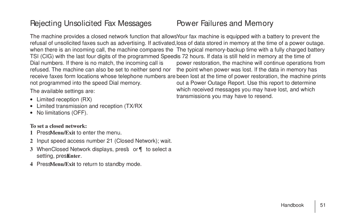 Oki 5900 manual Rejecting Unsolicited Fax Messages Power Failures and Memory, To set a closed network 