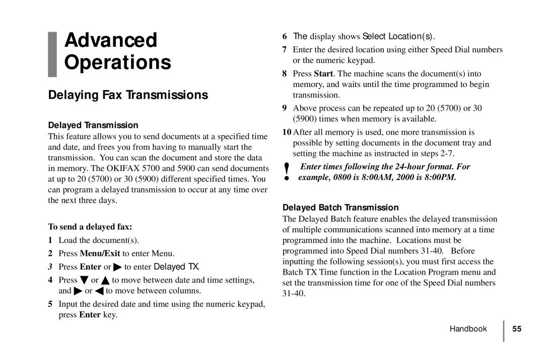 Oki 5900 manual Advanced Operations, Delaying Fax Transmissions, To send a delayed fax 