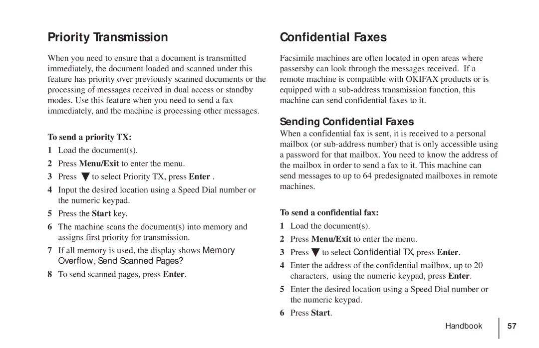 Oki 5900 manual Priority Transmission, Sending Confidential Faxes, To send a priority TX, To send a confidential fax 