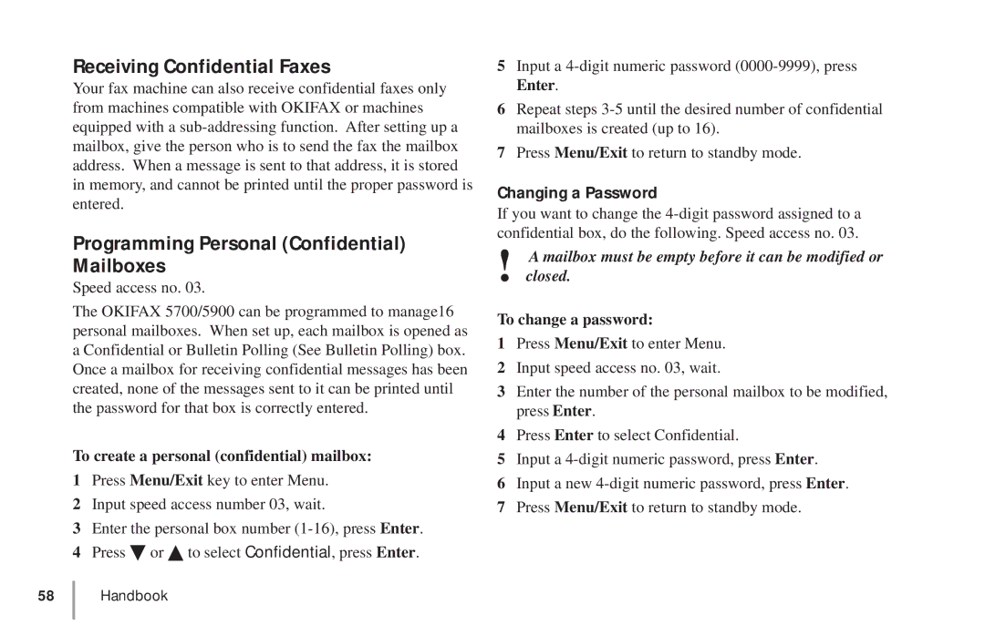 Oki 5900 manual Receiving Confidential Faxes, Programming Personal Confidential Mailboxes, Changing a Password 