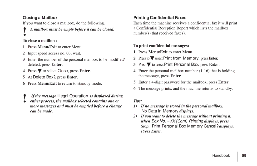 Oki 5900 manual To close a mailbox, To print confidential messages 