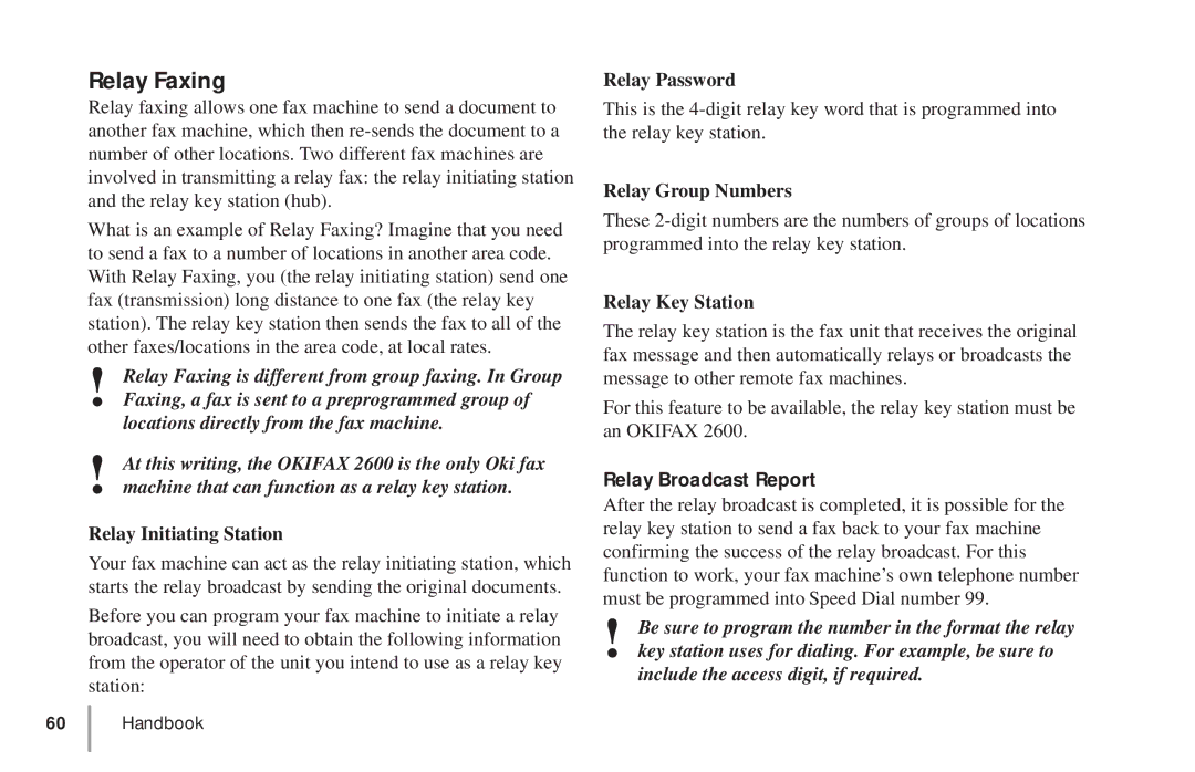 Oki 5900 manual Relay Faxing, Relay Initiating Station, Relay Password, Relay Group Numbers, Relay Key Station 