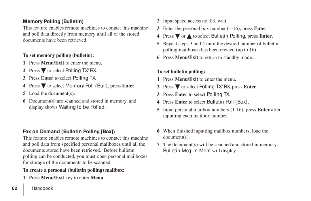 Oki 5900 manual To set memory polling bulletin, To create a personal bulletin polling mailbox, To set bulletin polling 