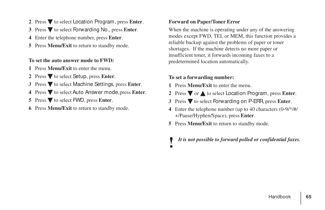 Oki 5900 manual To set the auto answer mode to FWD, Forward on Paper/Toner Error 