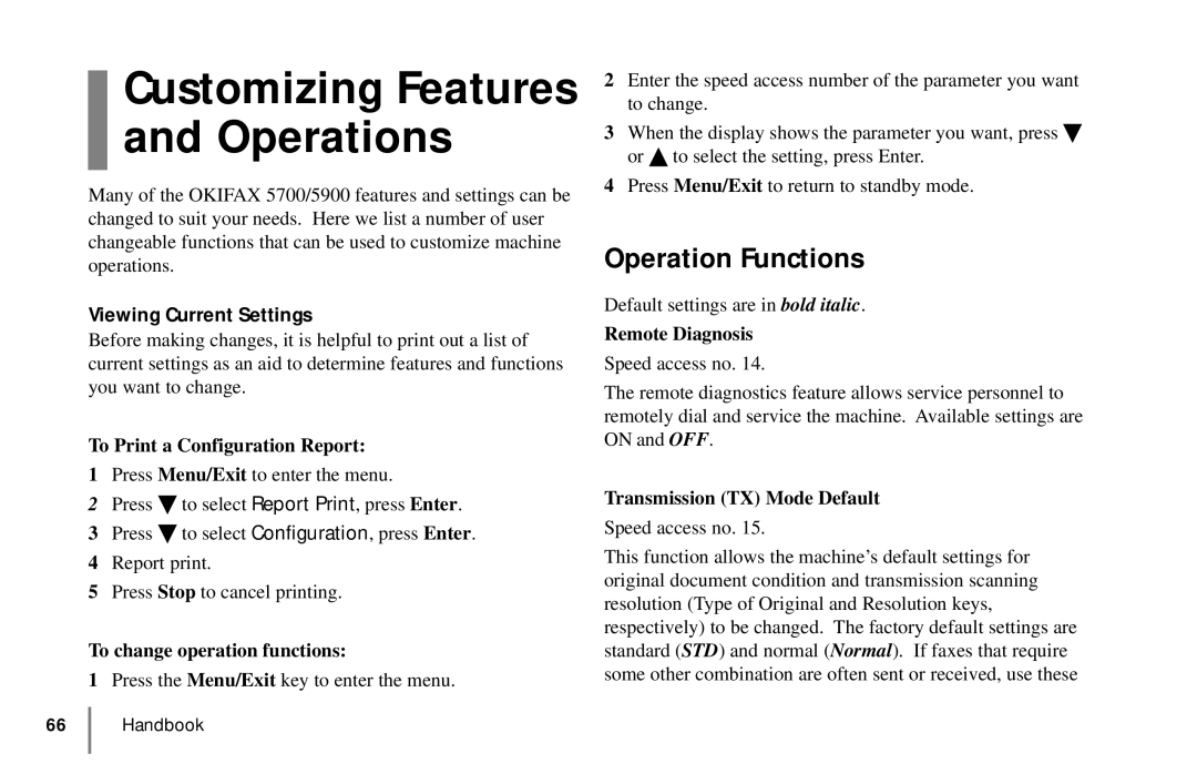 Oki 5900 manual Customizing Features and Operations, Operation Functions 