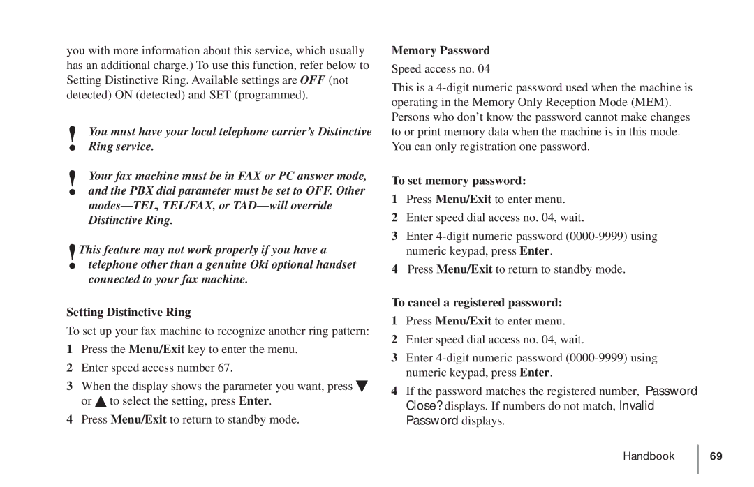 Oki 5900 manual Setting Distinctive Ring, Memory Password, To set memory password, To cancel a registered password 