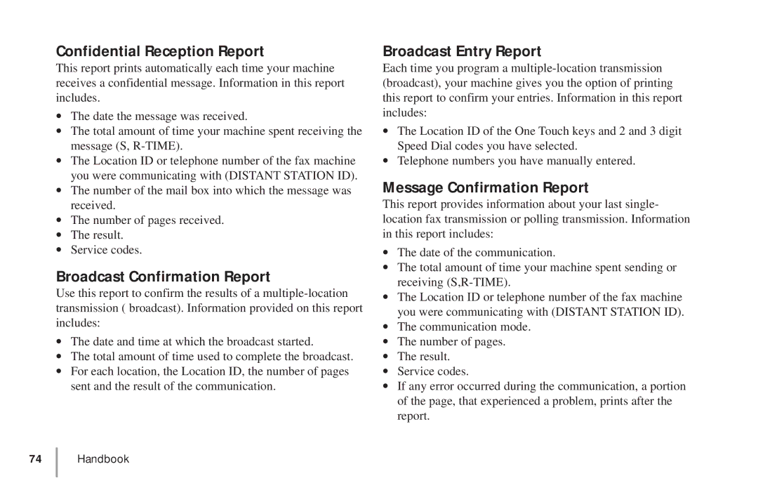 Oki 5900 Confidential Reception Report, Broadcast Confirmation Report, Broadcast Entry Report, Message Confirmation Report 