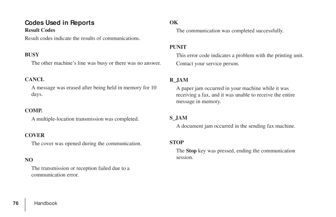 Oki 5900 manual Codes Used in Reports, Result Codes 