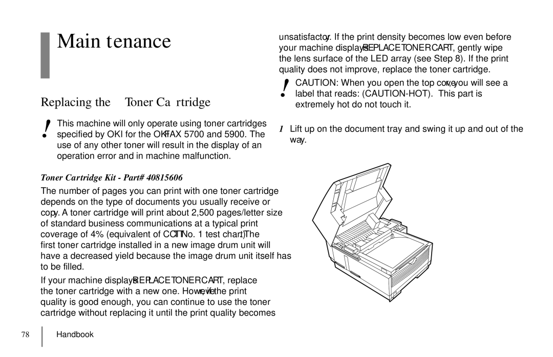 Oki 5900 manual Maintenance, Replacing the Toner Cartridge, Toner Cartridge Kit Part# 