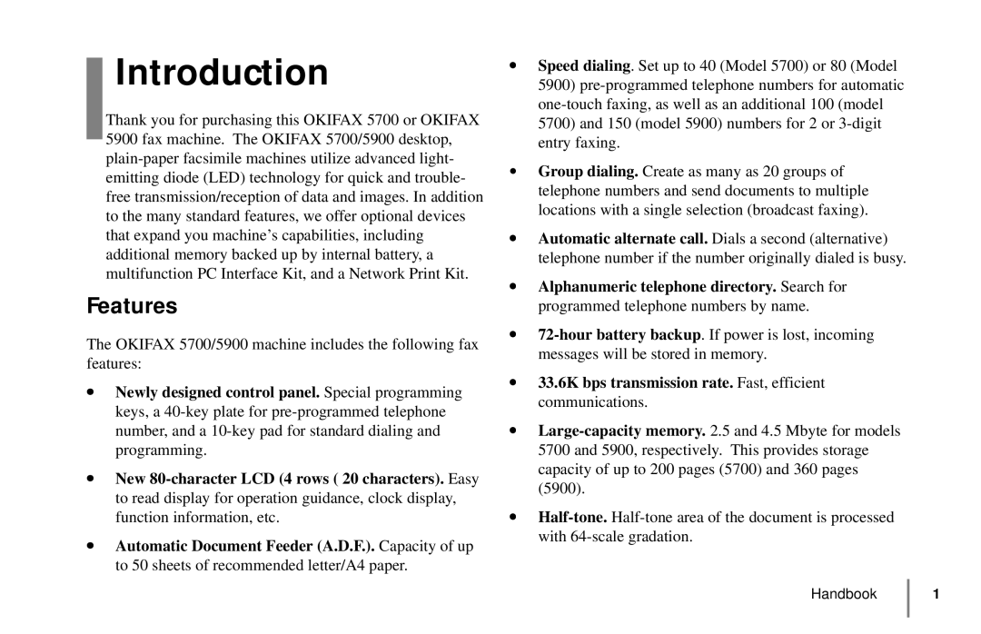 Oki 5900 manual Introduction, Features 