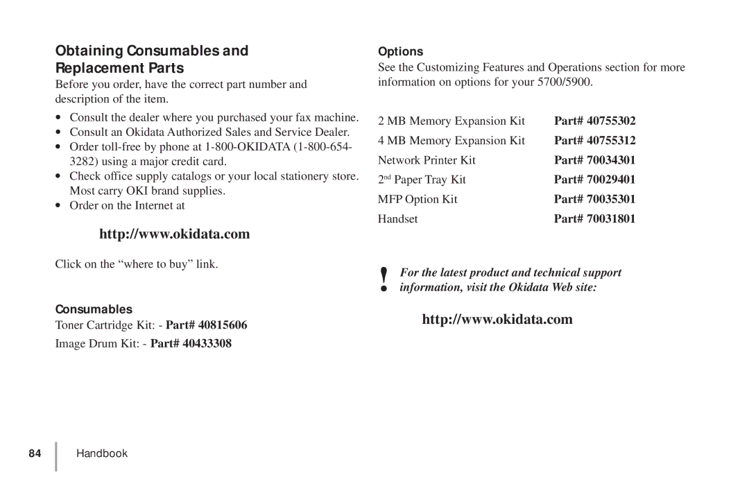 Oki 5900 manual Obtaining Consumables Replacement Parts, Options 