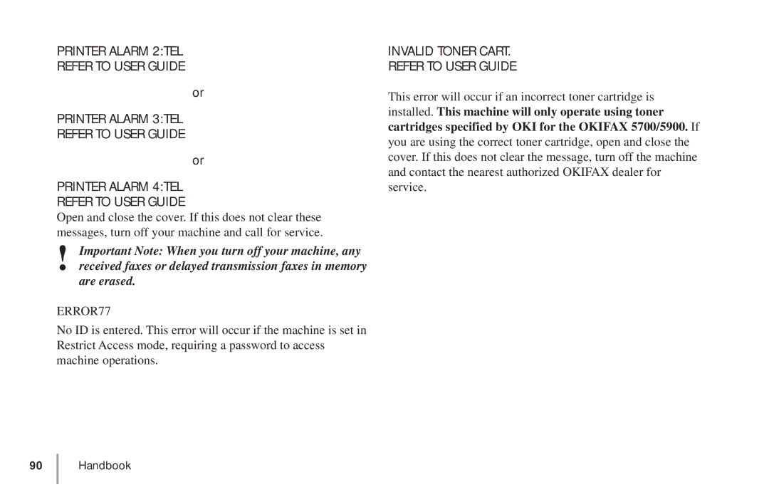 Oki 5900 manual Invalid Toner Cart Refer to User Guide 