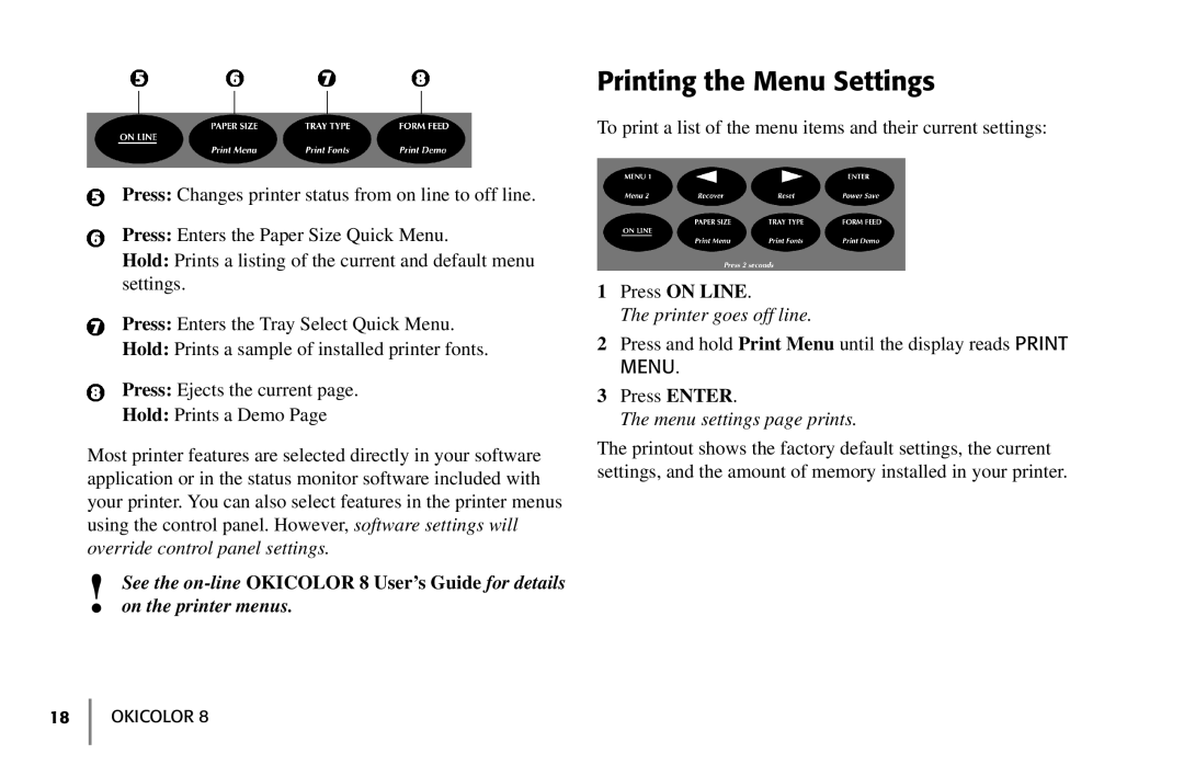 Oki 59296702 manual Printing the Menu Settings, Menu settings page prints 