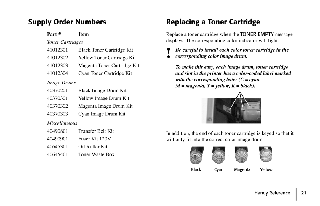 Oki 59296702 manual Supply Order Numbers, Replacing a Toner Cartridge 