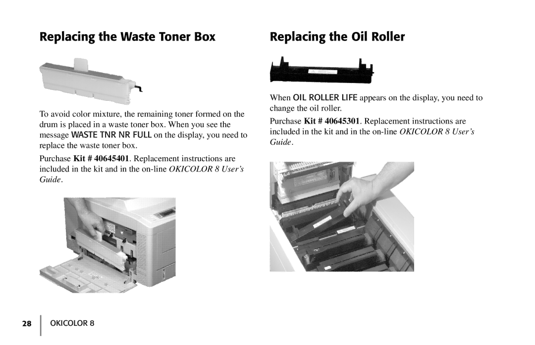 Oki 59296702 manual Replacing the Waste Toner Box Replacing the Oil Roller 