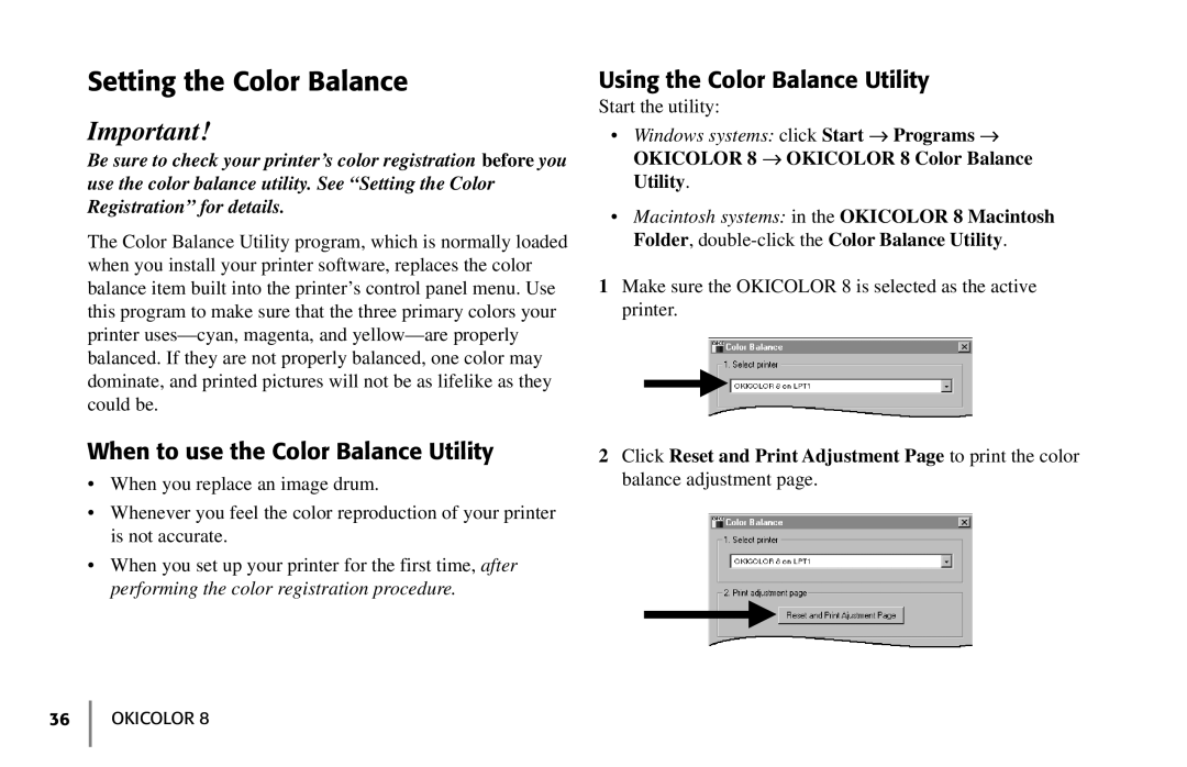 Oki 59296702 manual Setting the Color Balance, When to use the Color Balance Utility 