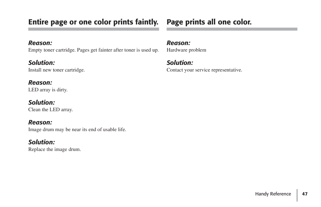 Oki 59296702 manual Entire page or one color prints faintly Prints all one color 