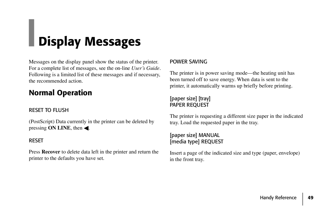 Oki 59296702 manual Display Messages, Normal Operation, Paper size tray, Paper size Manual media type Request 