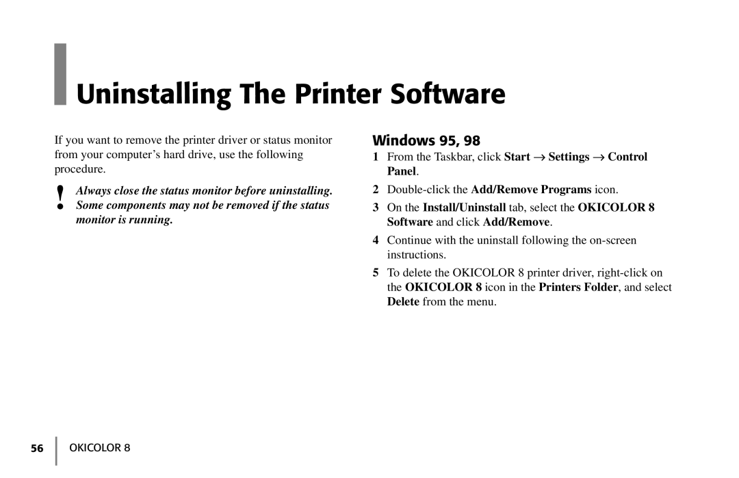 Oki 59296702 manual Uninstalling The Printer Software, Windows 95 