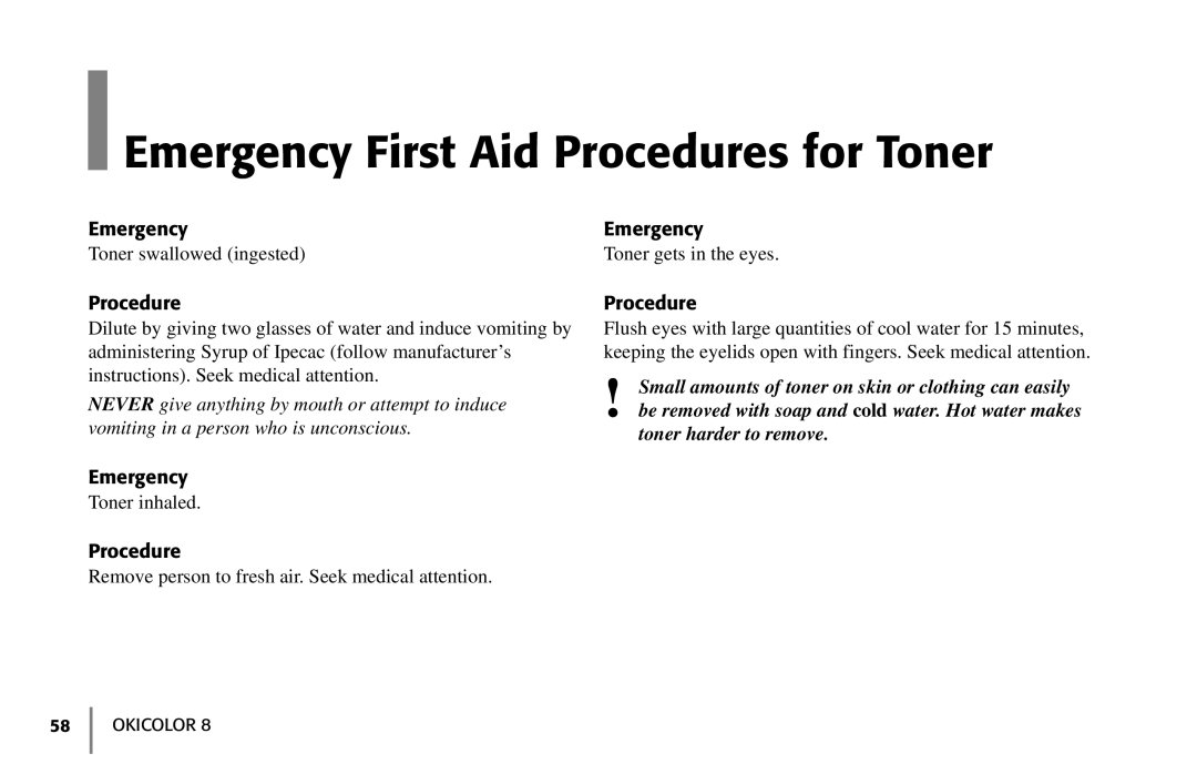 Oki 59296702 manual Emergency First Aid Procedures for Toner 