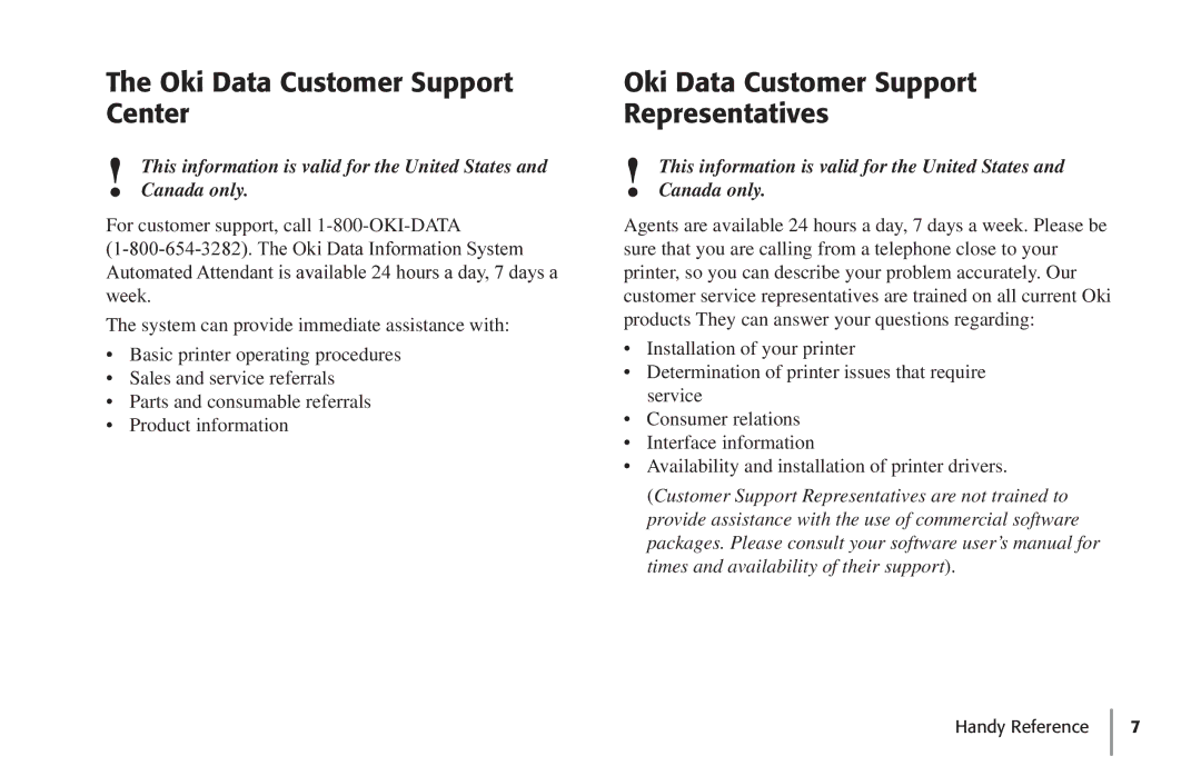 Oki 59296702 manual Oki Data Customer Support Center, Oki Data Customer Support Representatives 