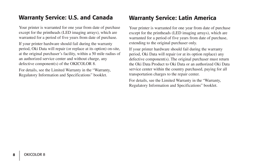 Oki 59296702 manual Warranty Service U.S. and Canada, Warranty Service Latin America 