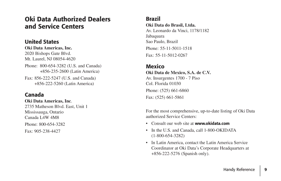 Oki 59296702 manual Oki Data Authorized Dealers and Service Centers, United States 