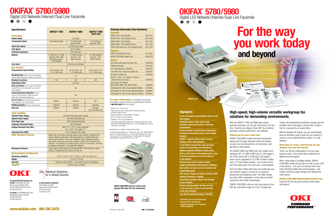Oki specifications OKIFAX 5780/5980, Digital LED Network/Internet/Dual Line Facsimile, For the way you work today 