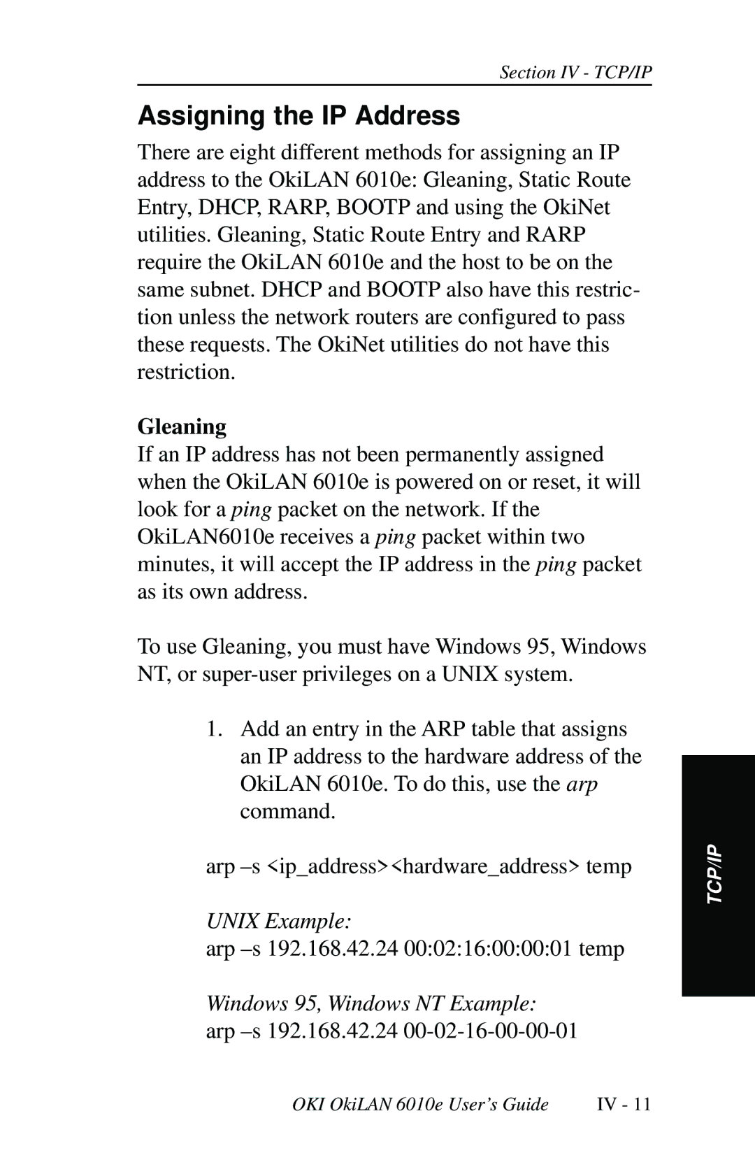 Oki 6010E manual Assigning the IP Address, Gleaning 