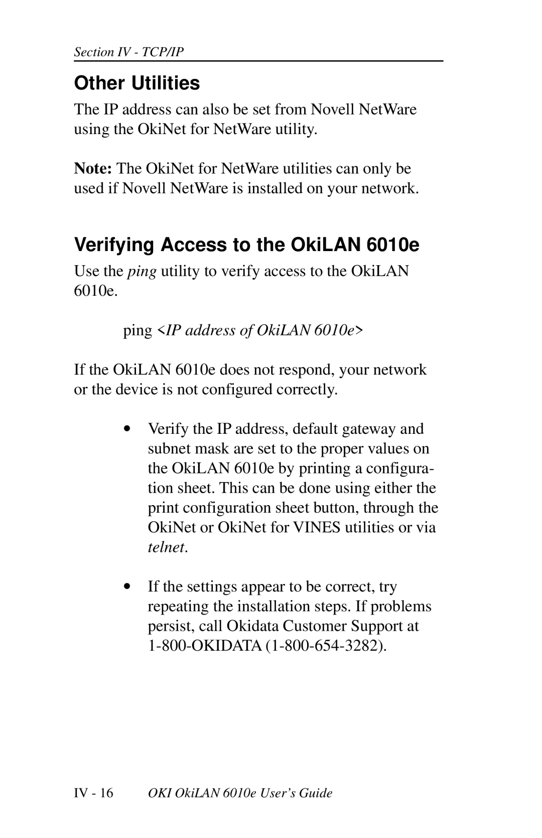 Oki 6010E manual Other Utilities, Verifying Access to the OkiLAN 6010e 