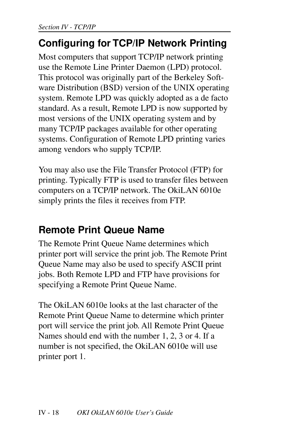 Oki 6010E manual Configuring for TCP/IP Network Printing, Remote Print Queue Name 