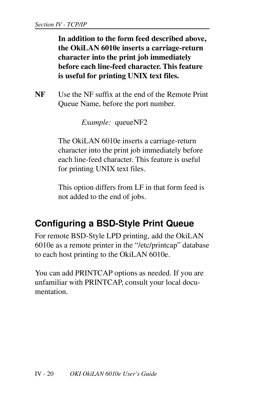 Oki 6010E manual Configuring a BSD-Style Print Queue, Example queueNF2 