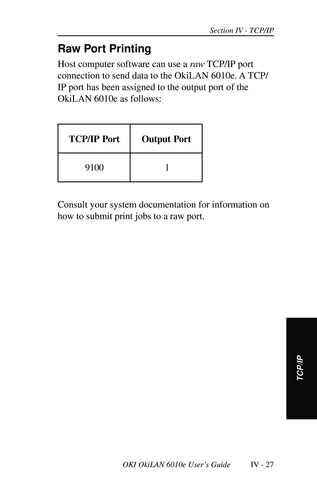 Oki 6010E manual Raw Port Printing, TCP/IP Port Output Port 