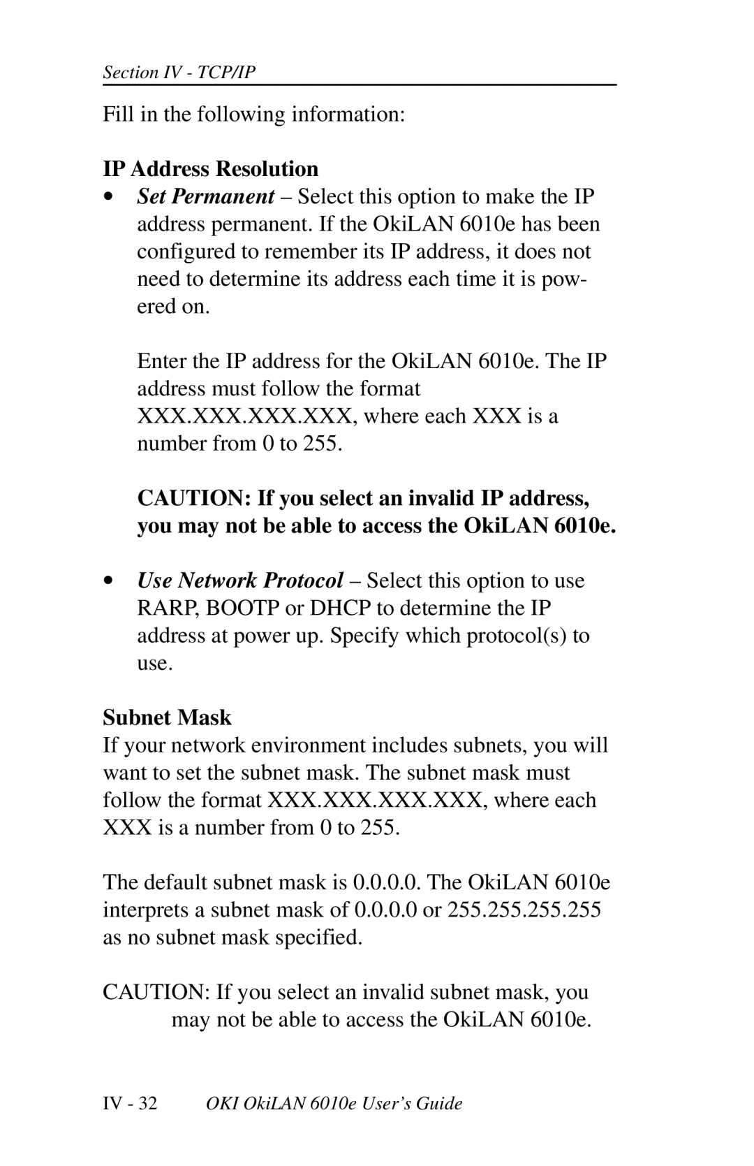 Oki 6010E manual IP Address Resolution, Subnet Mask 