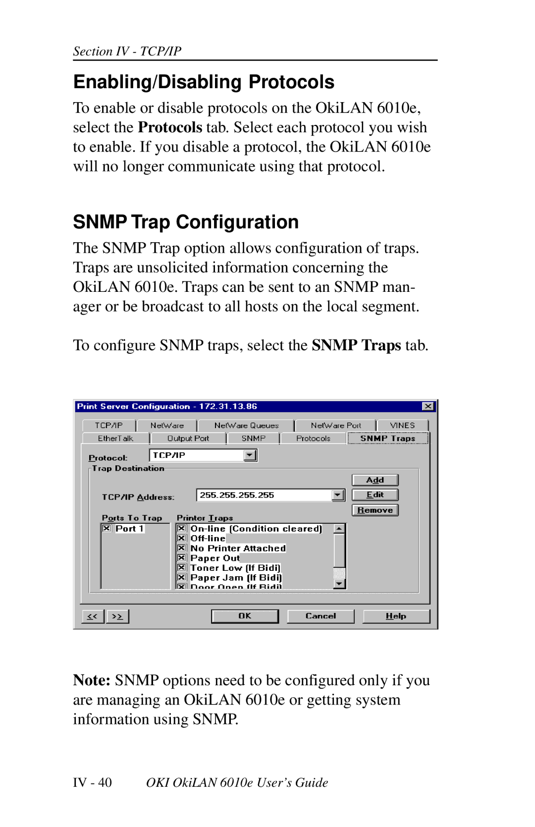 Oki 6010E manual Enabling/Disabling Protocols, Snmp Trap Configuration 