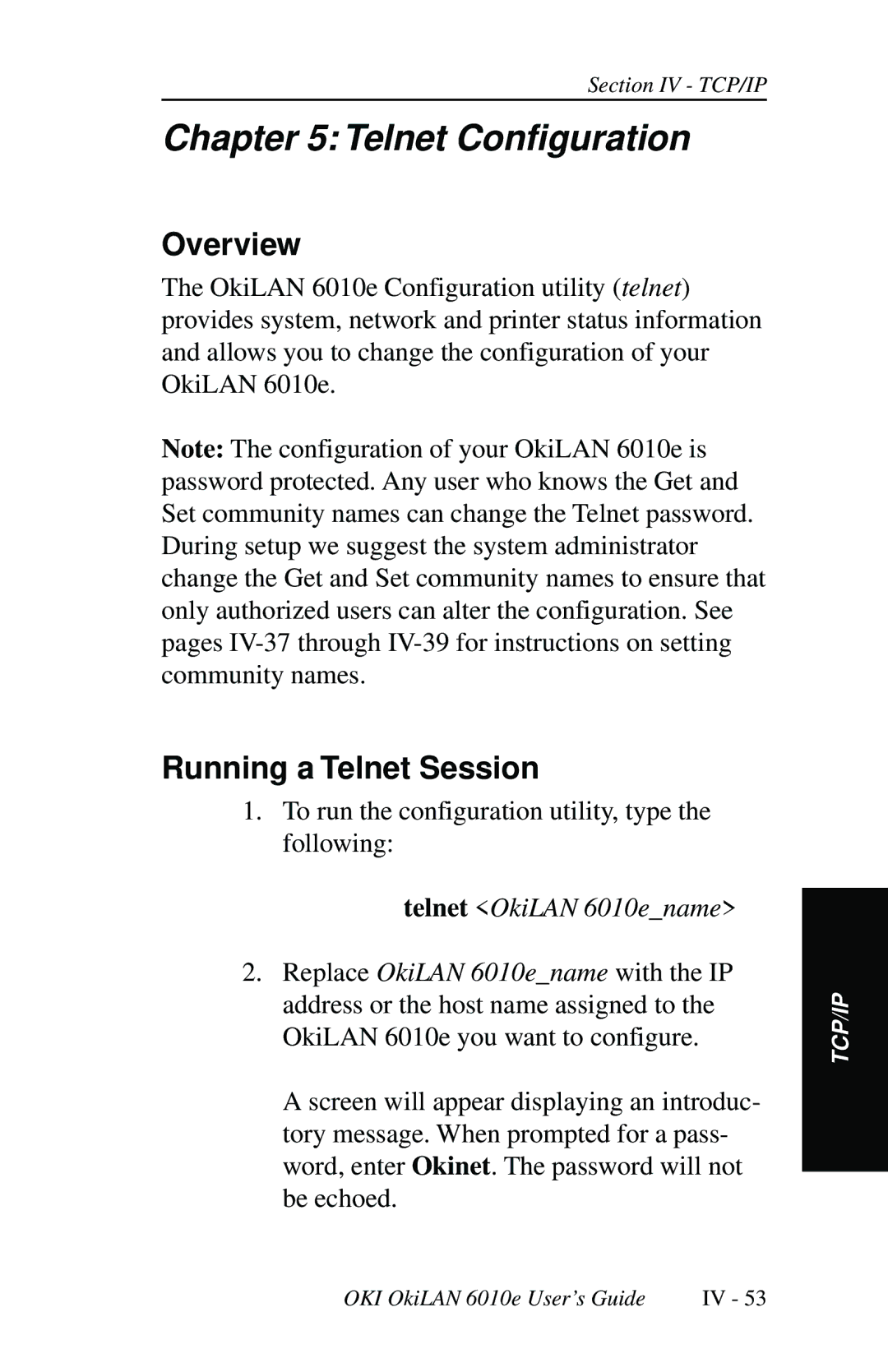 Oki 6010E manual Telnet Configuration, Running a Telnet Session 