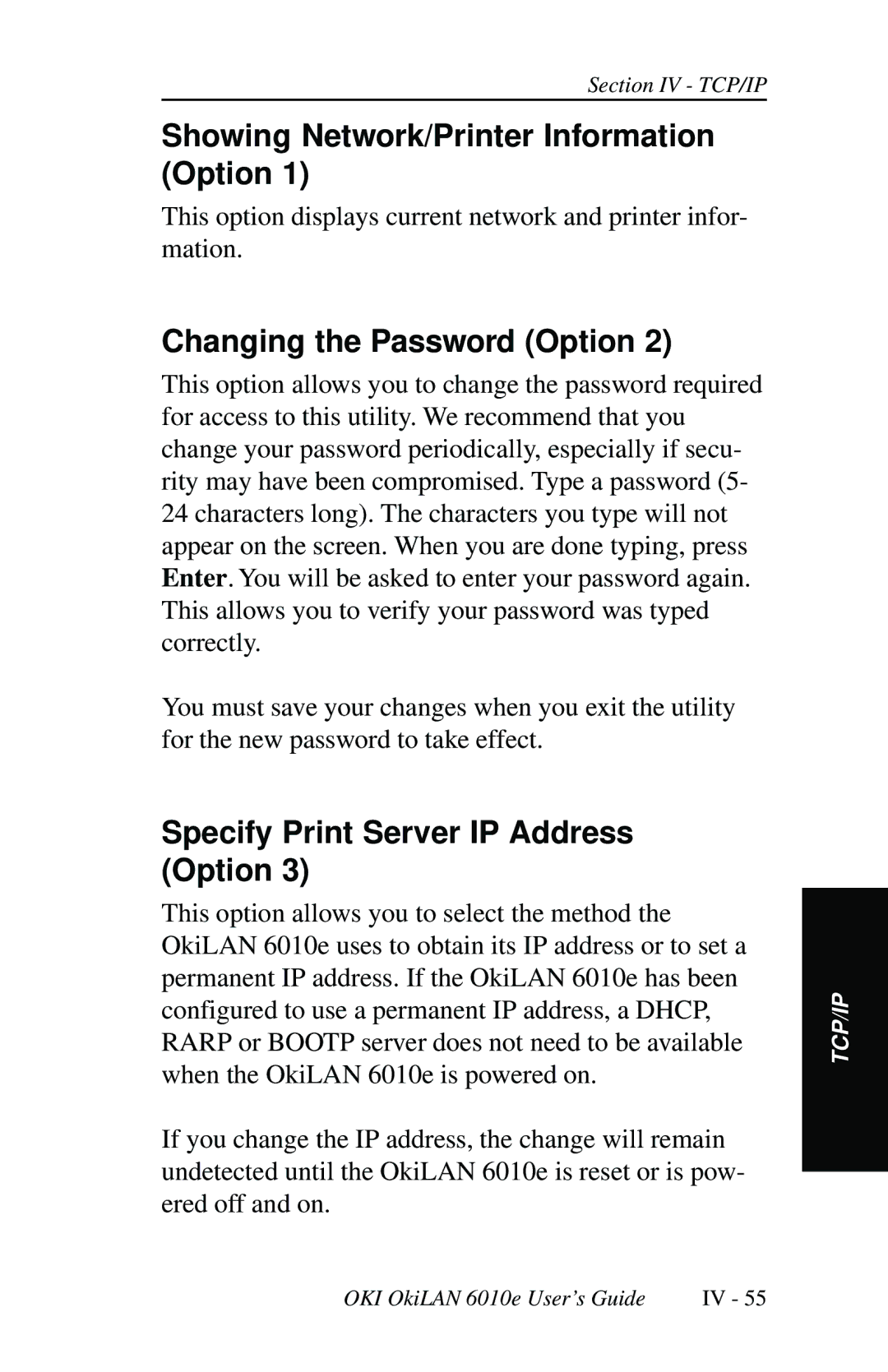 Oki 6010E Showing Network/Printer Information Option, Changing the Password Option, Specify Print Server IP Address Option 