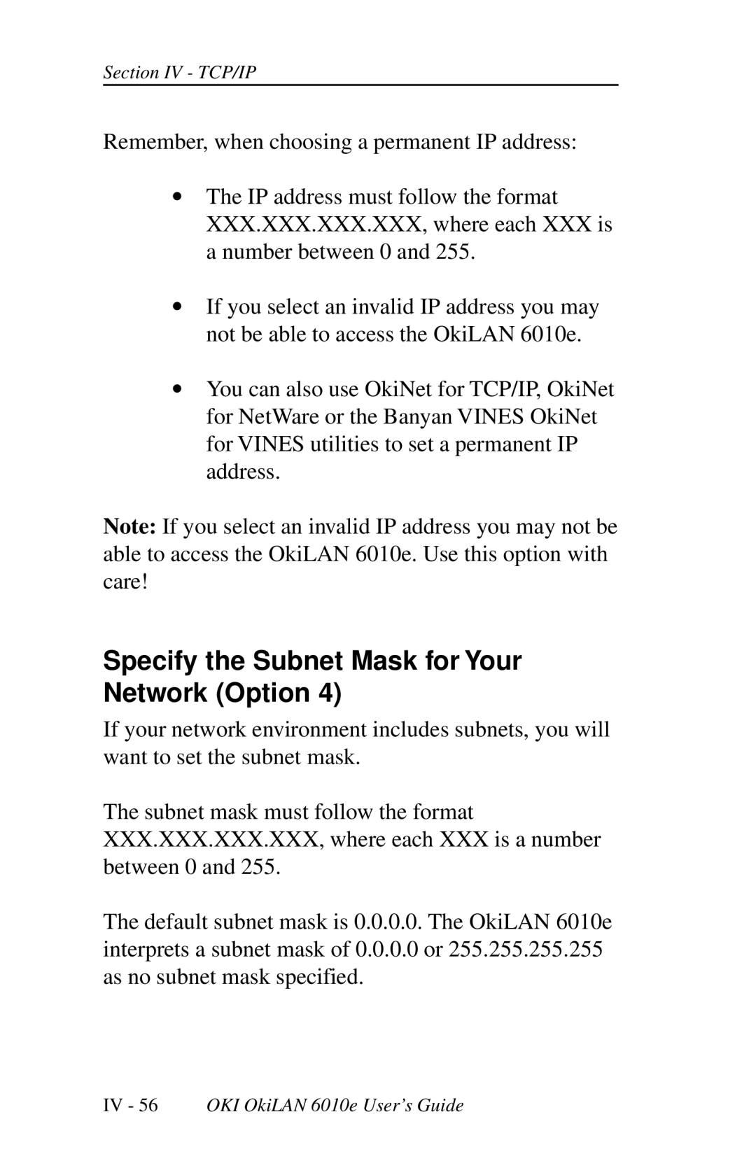 Oki 6010E manual Specify the Subnet Mask for Your Network Option 